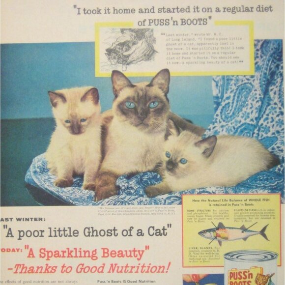 1956 Vintage Puss n Boots Cat Food Print Advertisement Siamese Kitty Feline MOD - Picture 2 of 2